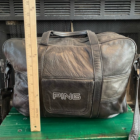 Ping Vintage Leather Duffle Bag Shoulder Golf Carry On Black 90s Weekender - Picture 12 of 12